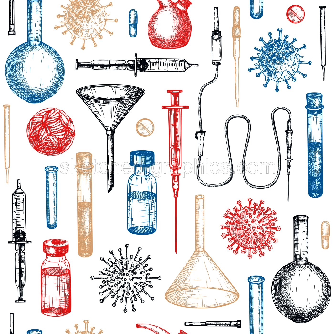 Antiviral therapy and vaccination background. Hand drawn vector illustrations. Vaccine in bottles, laboratory equipment, different virus sketches. Medicine seamless pattern . Covid-19 drawing  Illustration